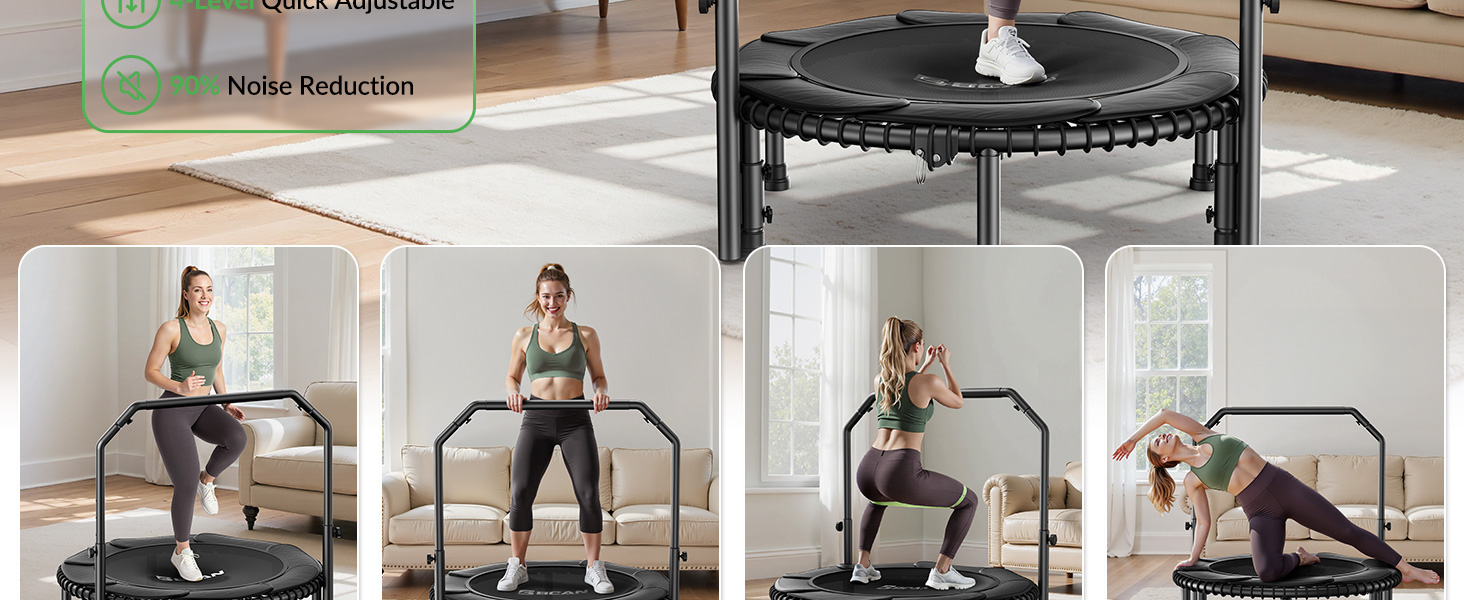 Міні-батут BCAN для дорослих, 102/122 см, до 204/250 кг, з еластичними тросами, регульованою ручкою, стабільний, тихий, для дому та вулиці, тренування всього тіла, розслаблення вдома - Зелений (102 см)