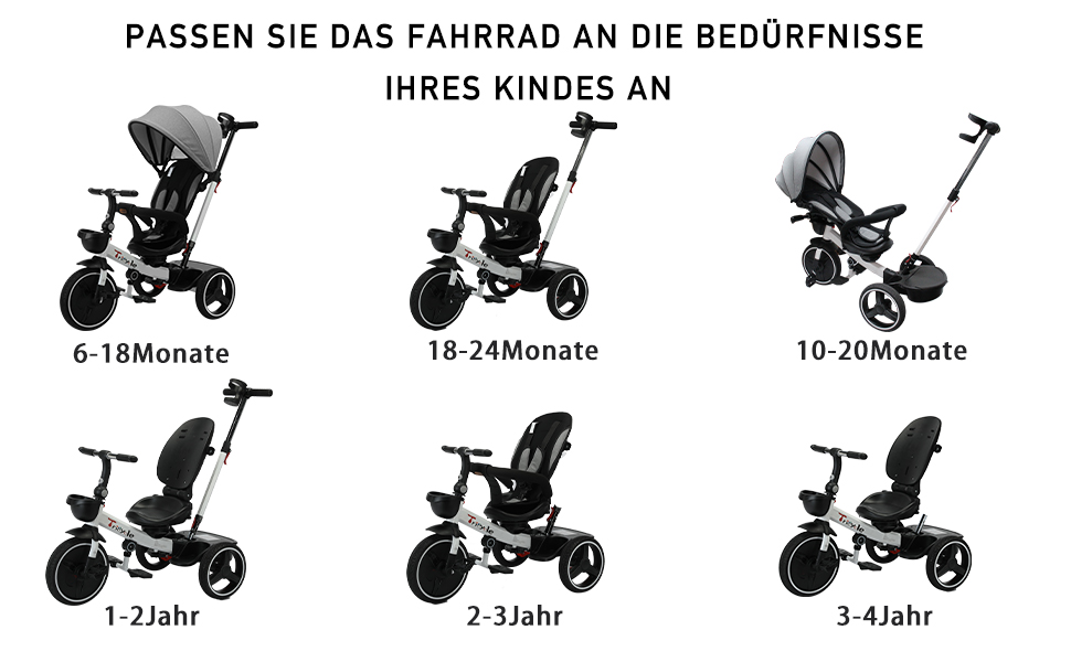 Дитяче тріцикл UBRAVOO 7-в-1: складний, з ліхтарем, гальмом, великим козирком та захисним бампером (білий)