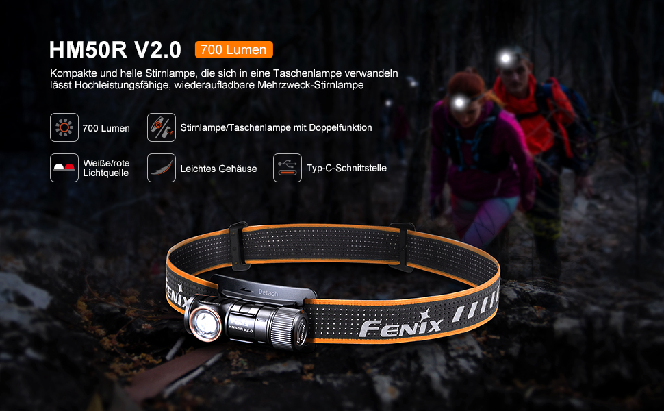 Фенікс HM60R ліхтарик на голову LED з 1300 люменів, акумулятор 3400mAh, USB-C, червоне та біле світло, SOS