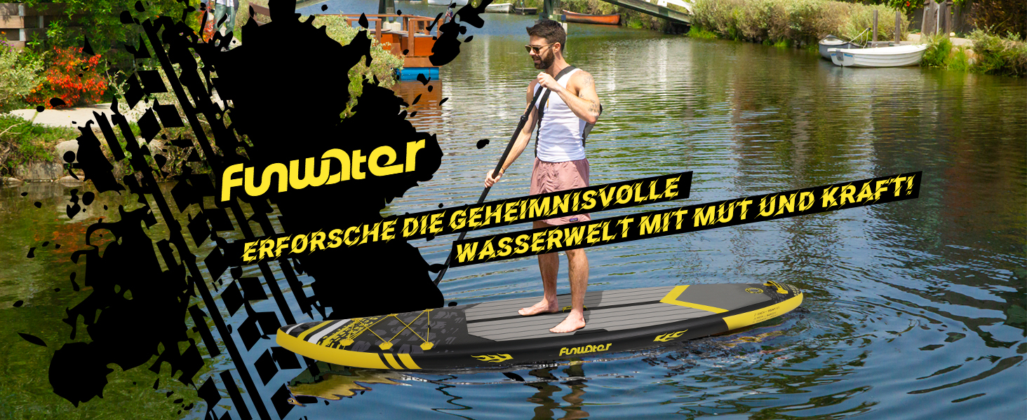 Надувна SUP-дошка FunWater для дорослих з веслом, ручним насосом, нековзким EVA-покриттям та страховочним шнуром