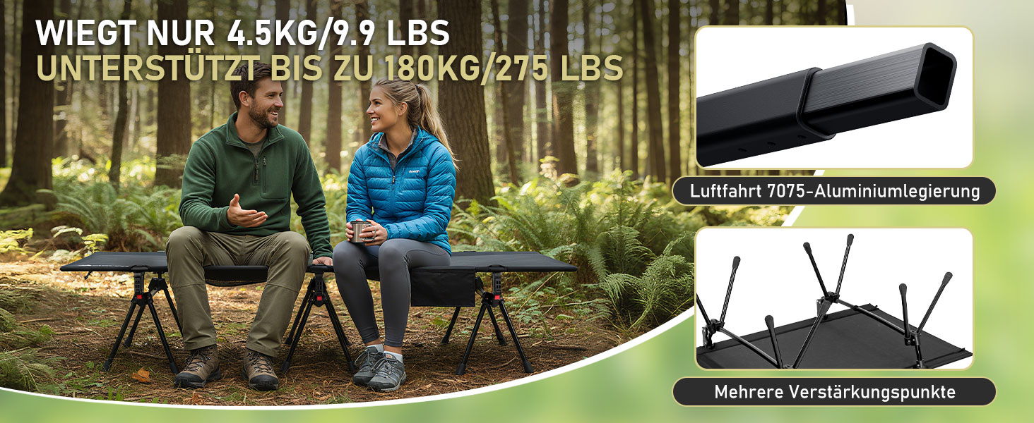 Кемпінгове ліжко Anbte: легке, розкладне, 190x70 см, алюміній, 2 положення висоти, до 180 кг, з сумкою