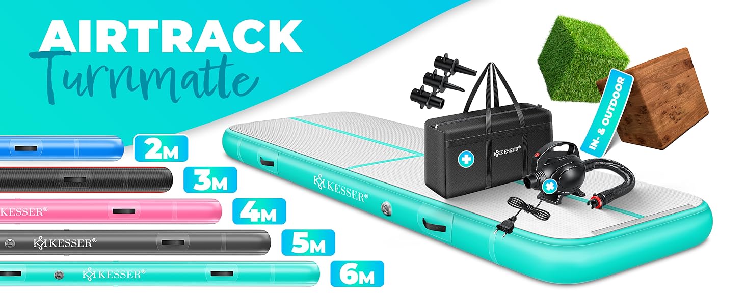 Надувна гімнастична мата KESSER® Airtrack: 2м/3м/4м/5м/6м. Мата для фітнесу, йоги, акробатики. В комплекті сумка та електронасос. Розмір: 300 x 100 x 10 см. Колір: м'ятно-зелений