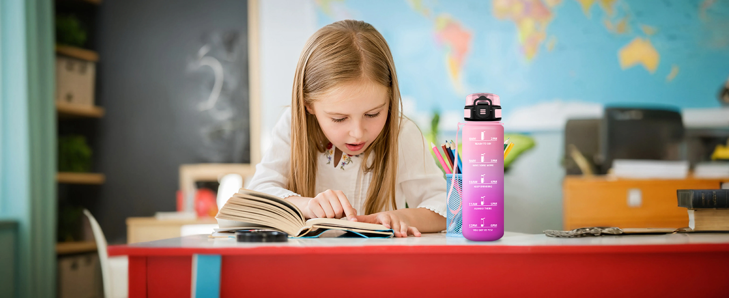 Спортивна пляшка 1л з позначенням часу, фільтром, для води з газом, без витоку. Підходить для велосипеда, бігу, дорослих. Колір: лавандово-рожевий