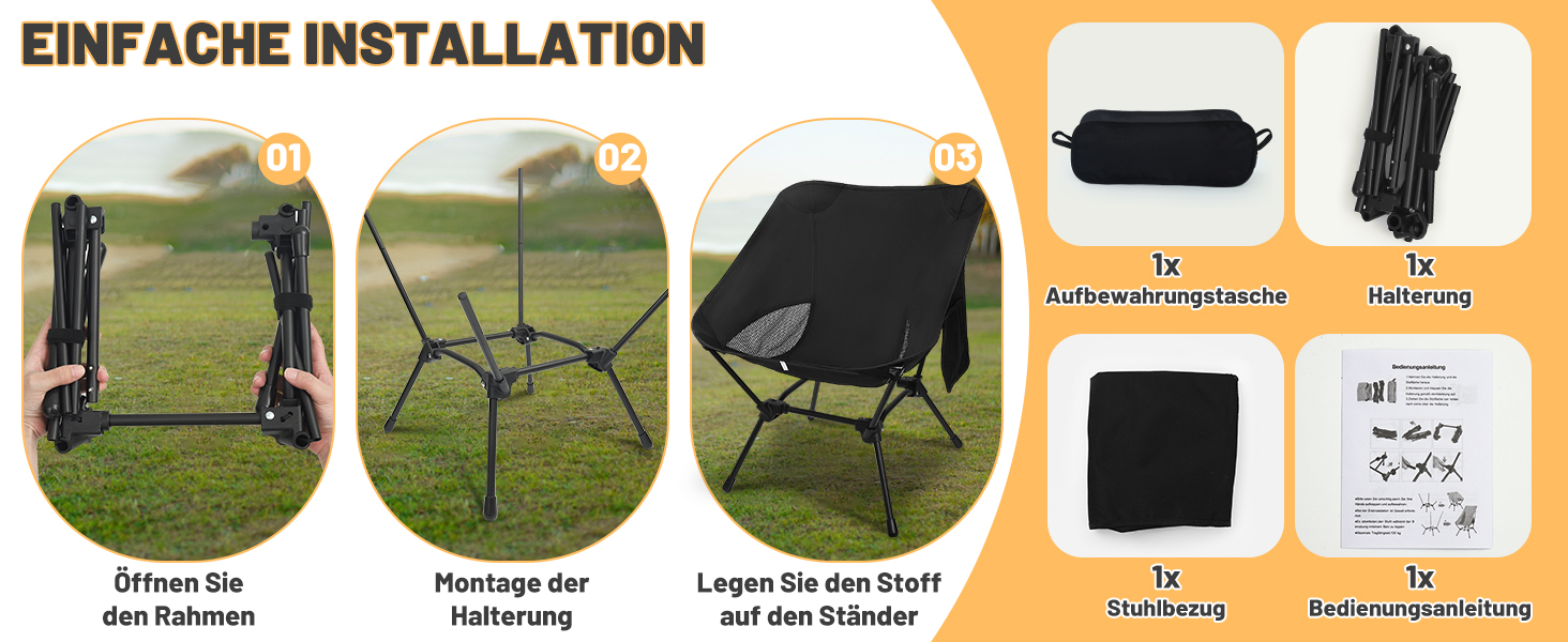 Складний туристичний стільчик для кемпінгу, Ultraleicht, регульована висота, з кишенями, компактний, для пікніків, риболовлі, саду, походів, спорту, відпочинку на природі, чорний