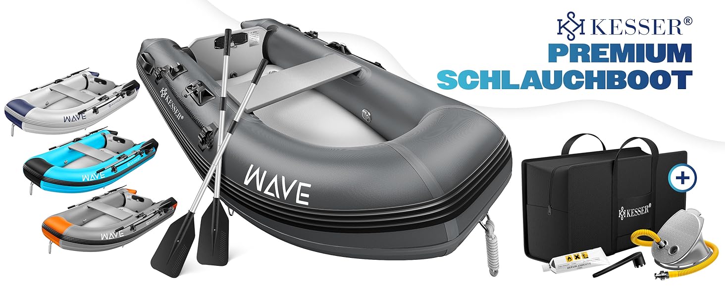 Надувний човен KESSER® Wave 230-320 см, комплект 6 в 1: човен, лавка, насос, весла, ремкомплект, сумка. Для моря, річки, мотора. Сіро-блакитний