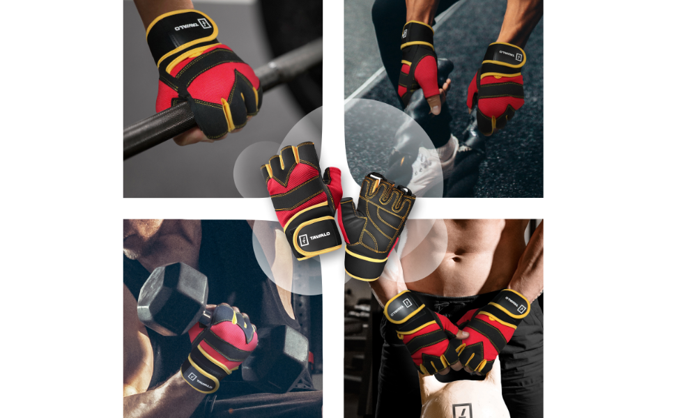 Рукавички для фітнесу та тренувань чоловічі Fitnesshandschuhe (L 19-22 см, Червоно-Жовто-Чорні). Захист долоні, для силових тренувань, бодібілдингу, кросфіту. Безпечні матеріали (CE)