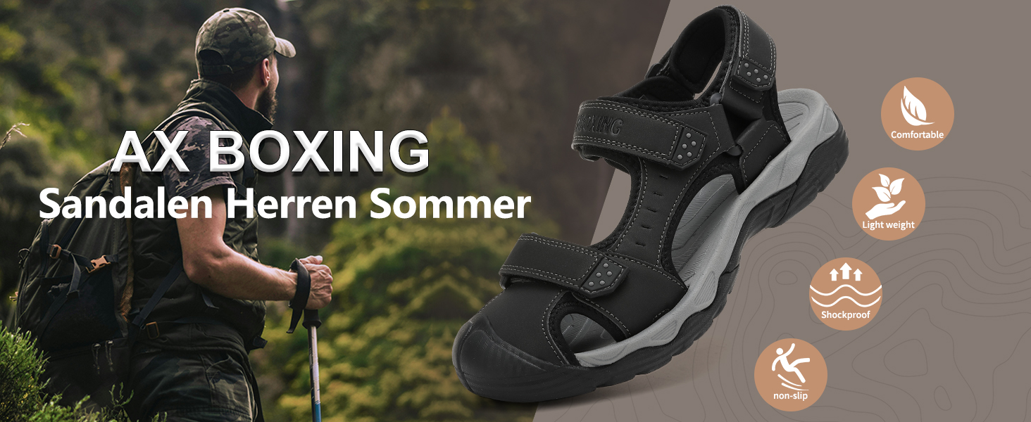Чоловічі сандалі AX BOXING для трекінгу та спорту, літні, на липучці, дихаючі, чорні, розмір 43 EU