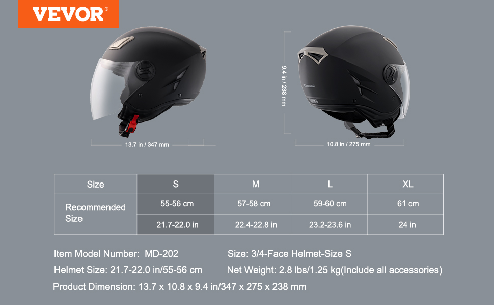 Мотошолом VEVOR 3/4 обличчя, розмір S (55-56 см), AB-пластик, Bluetooth, знімний візор, DOT, для дорослих та підлітків