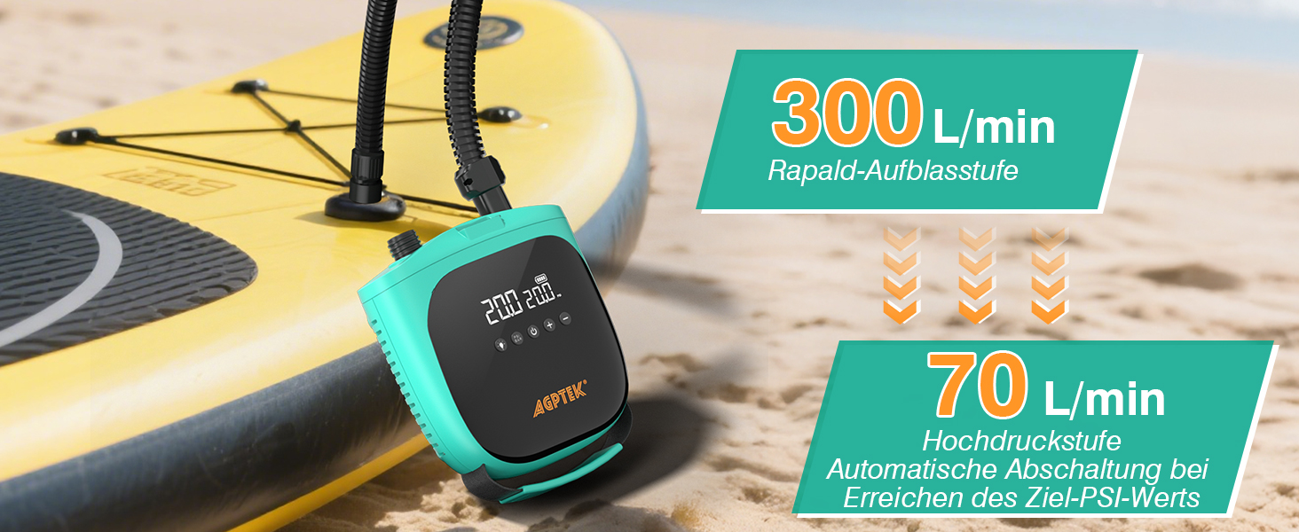 Електричний насос для SUP-дошки AGPTEK: акумуляторний, 20PSI, автоматичне відключення, 12V, для SUP та човнів