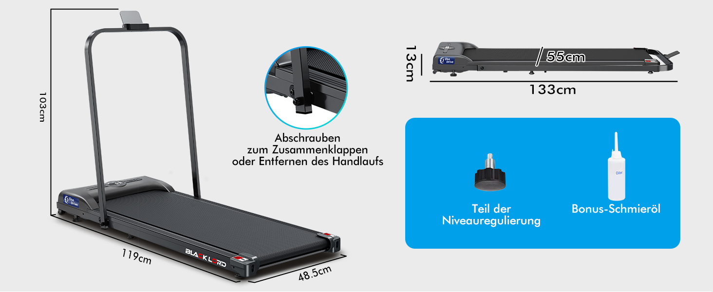 BLACK LORD Intelligentes Gehpad 2-в-1: бігове полотно під стіл для дому та офісу, портативний тренажер для ходьби та бігу з додатком та пультом, запис даних про фітнес SL9H - Чорний (з ручками)