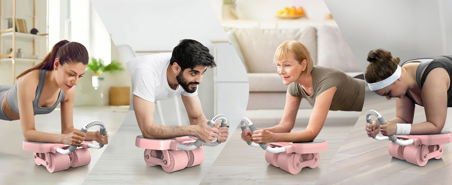 Ролер для пресу Amonax з чотирма колесами та підставкою для ліктів, автоматичний ролер для тренування пресу, ролер для пресу для чоловіків та жінок (рожевий)