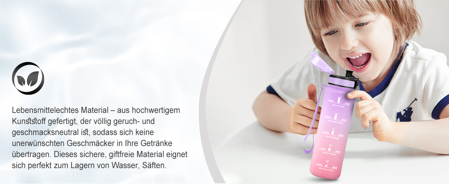 Спортивна пляшка 1л з позначенням часу, фільтром, для води з газом, без витоку. Підходить для велосипеда, бігу, дорослих. Колір: лавандово-рожевий