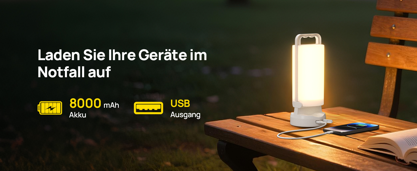 Сонячна кемпінгова лампа Eventek 8000mAh з LED, 3 режими, сенсорне керування, IPX5, для кемпінгу, подорожей та надзвичайних ситуацій