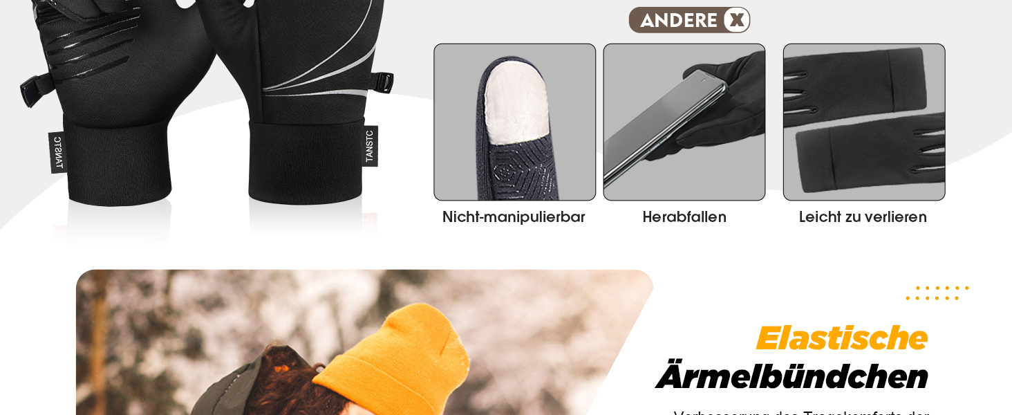 Зимові рукавички TANSTC для чоловіків та жінок з підтримкою сенсорного екрану, теплі, водонепроникні, для катання на велосипеді, бігу та лижного спорту, чорного кольору