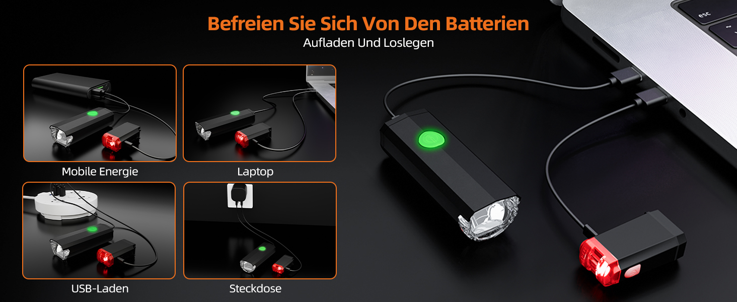 Набір переднього та заднього велоліхтаря LED USB, StVZO, IPX6, чорний+червоний