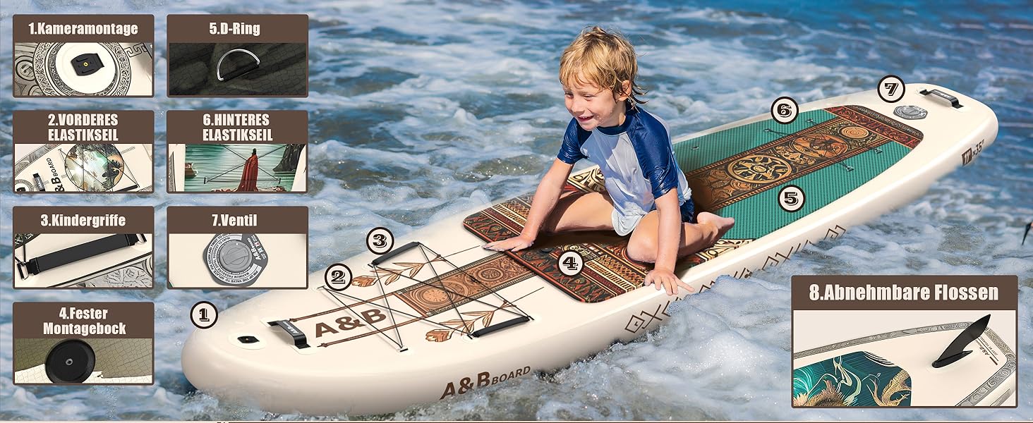Надувний SUP-борд A&BBOARD з аксесуарами, 335x88 см, для підлітків та дорослих (Бежевий + Класичний)
