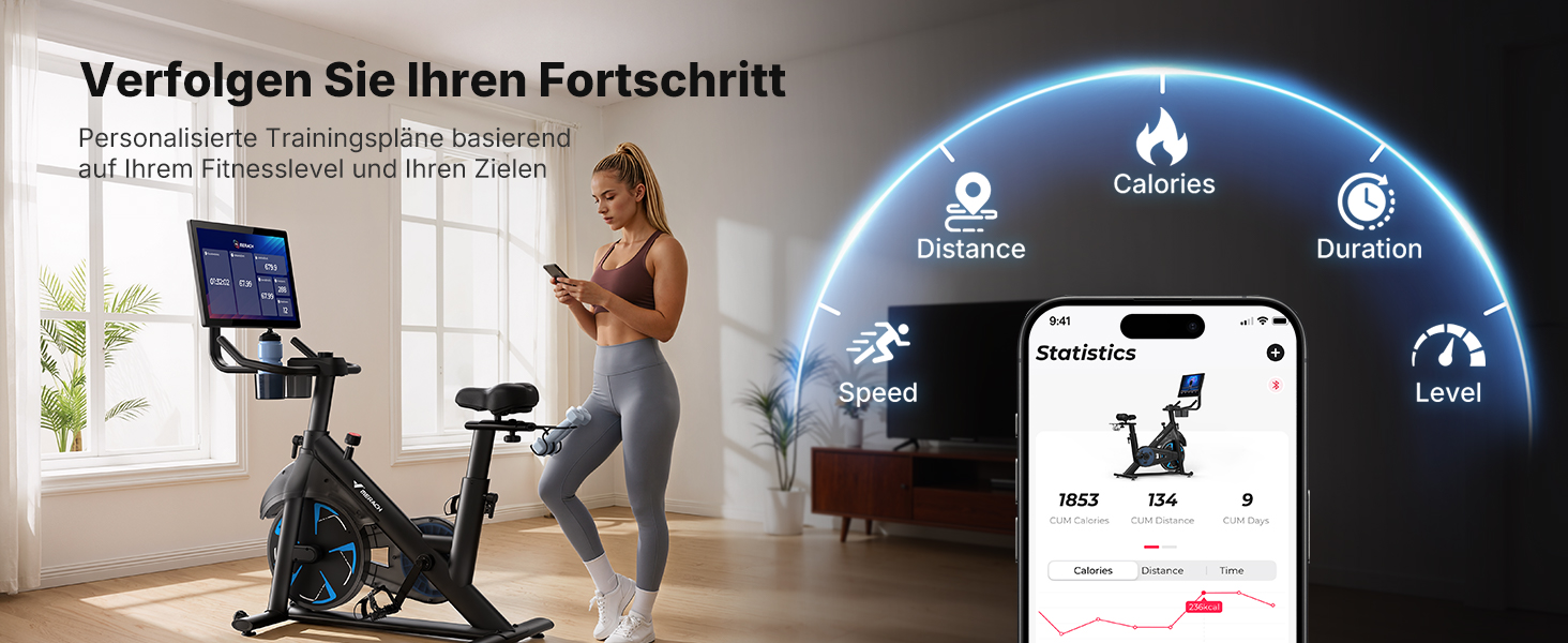 Велотренажер MERACH з магнітним опором, тихий, з покращеним амортизованим сидінням, власний додаток, стабільний H-фрейм, до 150 кг, блакитний з екраном