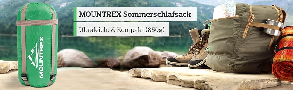 Сплячий мішок MOUNTREX® – ультралегкий та компактний (850г) – для відпочинку на природі, літній спальний мішок, мумієподібний (205x75 см) – малий об'єм при згортанні, легкий – для підлітків та дорослих + подарунок: надувне зелене подушечка для подорожей