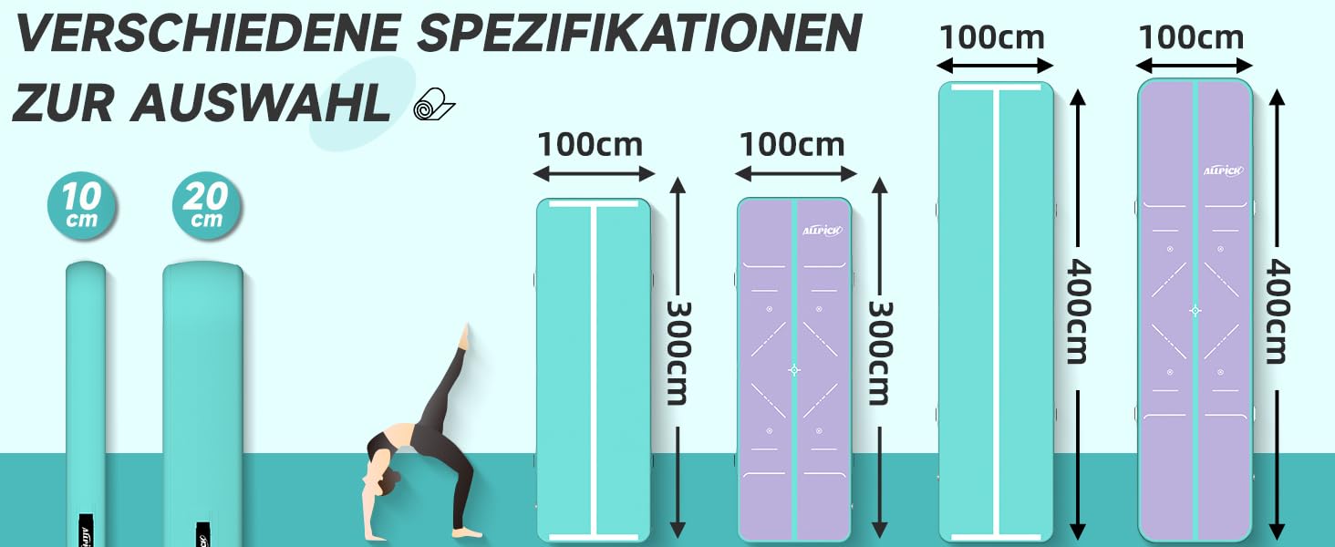 Гімнастичний килимок ALLPICK надувний, довжина 3/4 м тренувальний килимок, килимок для перекидання висотою 10/20 см, двостороння конструкція надувна для гімнастики, йоги та тумблінгу (фіолетово-зелений, 400*100*20см)