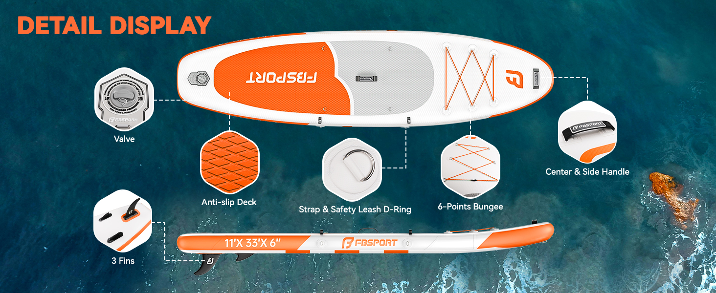 FBSPORT SUP дошка Stand Up Paddle 335 см для дорослих, надувна, з антиковзким покриттям, 160 кг, комплект з насосом та аксесуарами для йоги, подорожей, серфінгу, помаранчевий