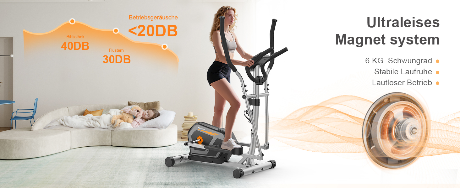 Еліптичний тренажер Neezee для дому з Bluetooth, 16 рівнів опору, 6 кг маховика, LCD-монітором, датчиком пульсу, тримачем для пляшок (Помаранчевий + Срібний)