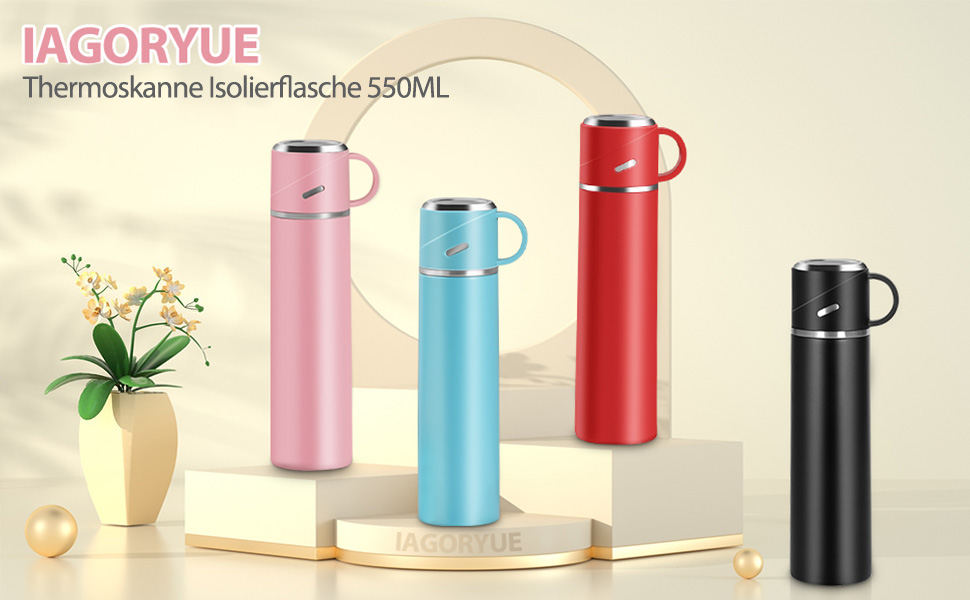 Термос IAGORYUE з нержавіючої сталі, 0,55 л, з герметичним кришкою та ручкою, подвійні стінки, зберігає тепло/холод до 12 годин, для спорту, офісу, відпочинку на природі (Рожевий)