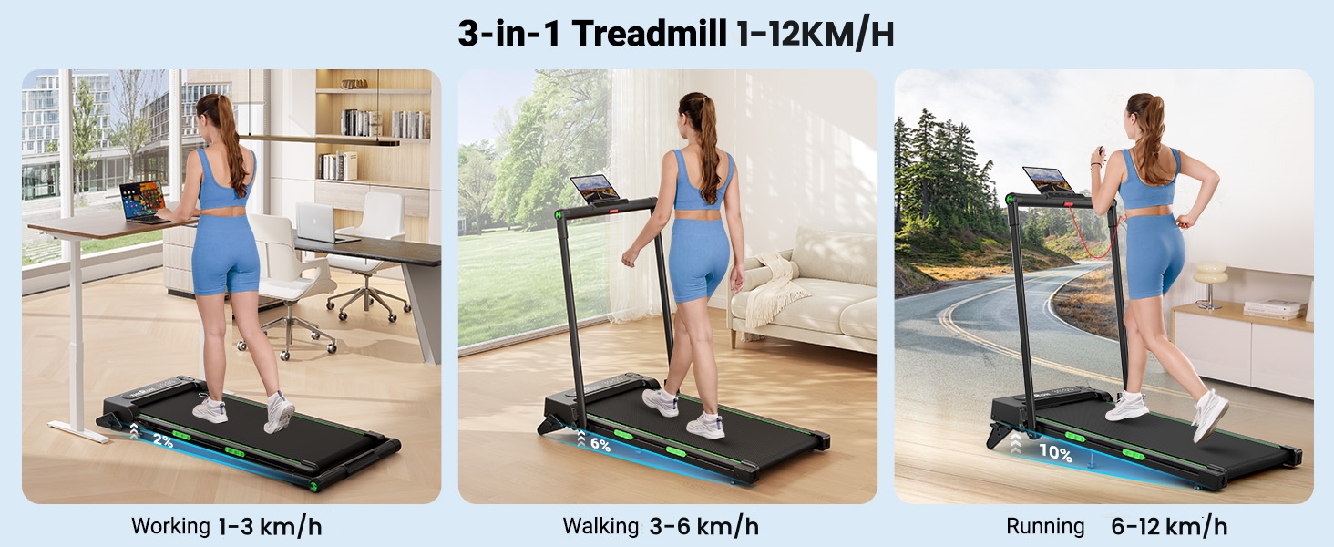 Біговий тренажер THERUN для дому, складний, з нахилом, 3 в 1 Walking Pad з 3 рівнями нахилу, 2.5PS, біговий стіл, подвійне покриття для захисту колін, темно-зелений (Турквіс)
