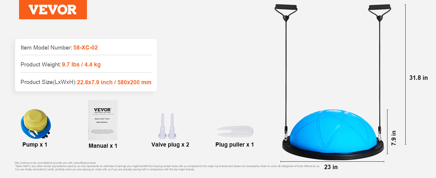 Гімнастичний м'яч VEVOR 58 см, баланс-м'яч для йоги, фітнесу, 300 кг, з еластичними стрічками та насосом, для дому, блакитний