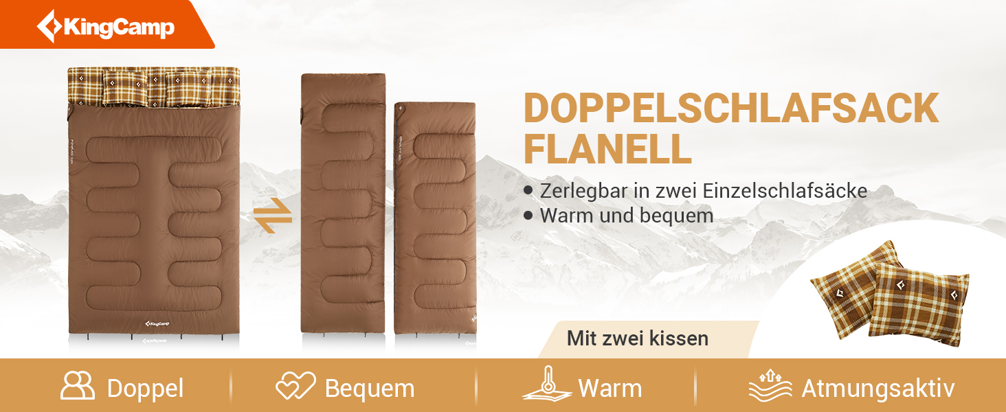 Спальний мішок KingCamp для 2 осіб з фланелі, зимовий, теплий, 3-4 сезони, з 2 подушками, для кемпінгу та відпочинку на природі, синій