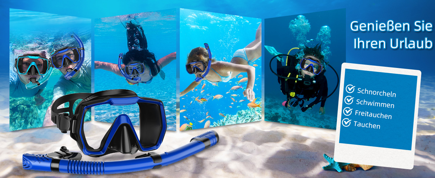 Набір для снорклінгу для дорослих: маска, трубка, регулятор, блакитний колір