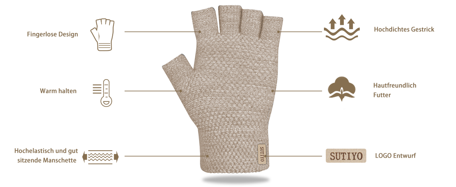 Рукавички без пальців SUTIYO для чоловіків та жінок, кашемірове в'язання, теплі, для водіння, їзди на велосипеді, спорту (бежеві)