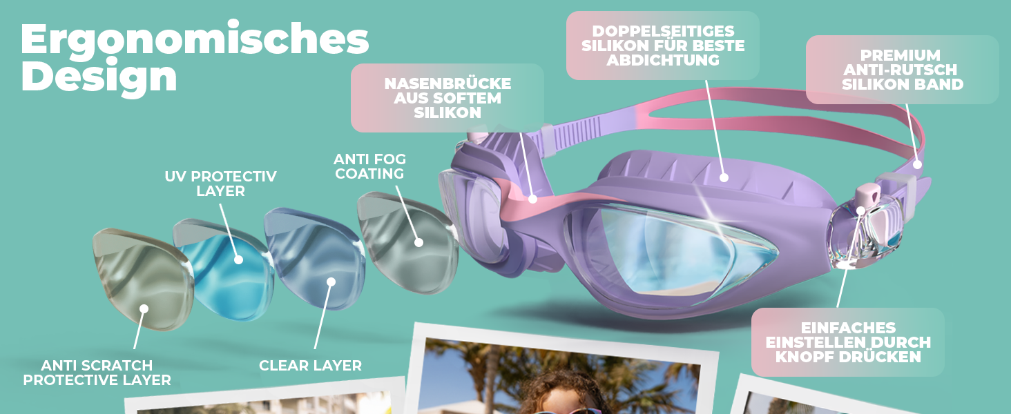 Дитячі окуляри для плавання Kidverse - Комфортні окуляри для дайвінгу для дітей 3-13 років з UV-захистом та антизапітнієвим покриттям - Окуляри для плавання для дівчаток та хлопчиків (фіолетово-рожеві)