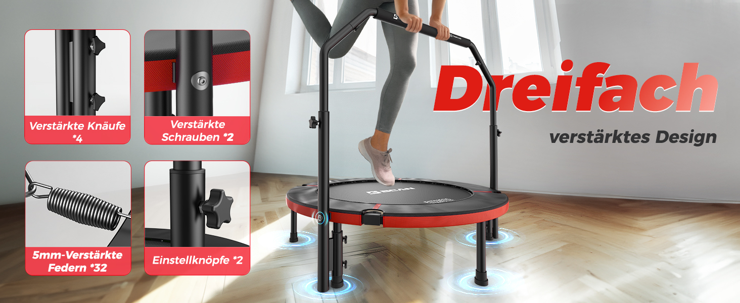 Міні-батут BCAN для дому, 102 см, складний, для дорослих, з регульованою ручкою, вантажопідйомність 150 кг, для фітнесу та тренувань вдома