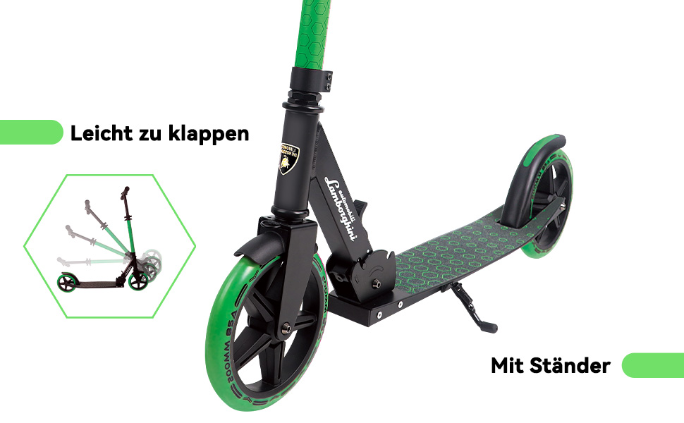 Самокат трюковий Lamborghini CityRoller складаний, регульована висота, для дорослих і дітей до 100 кг, зелений з підніжкою та заднім гальмом