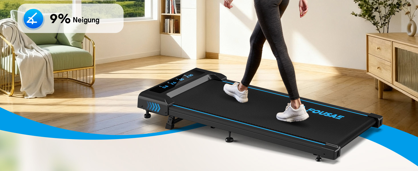 Walking Pad Laufband для дому 4-в-1: біговий стіл з підйомністю 9%, безщітковий двигун 2.5HP, LED-дисплей, пульт дистанційного керування, 12 HIIT-програм, до 150 кг, без встановлення, чорно-синій, з режимом повноекранного відображення