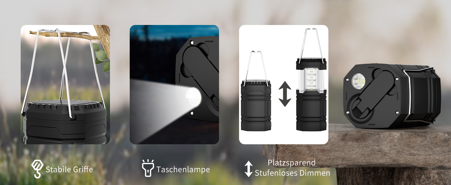 LED кемпінговий ліхтар на сонячній батареї, водонепроникний, з ручкою, акумулятор 3000mAh, для туризму, риболовлі, SOS, відключень світла (чорний)