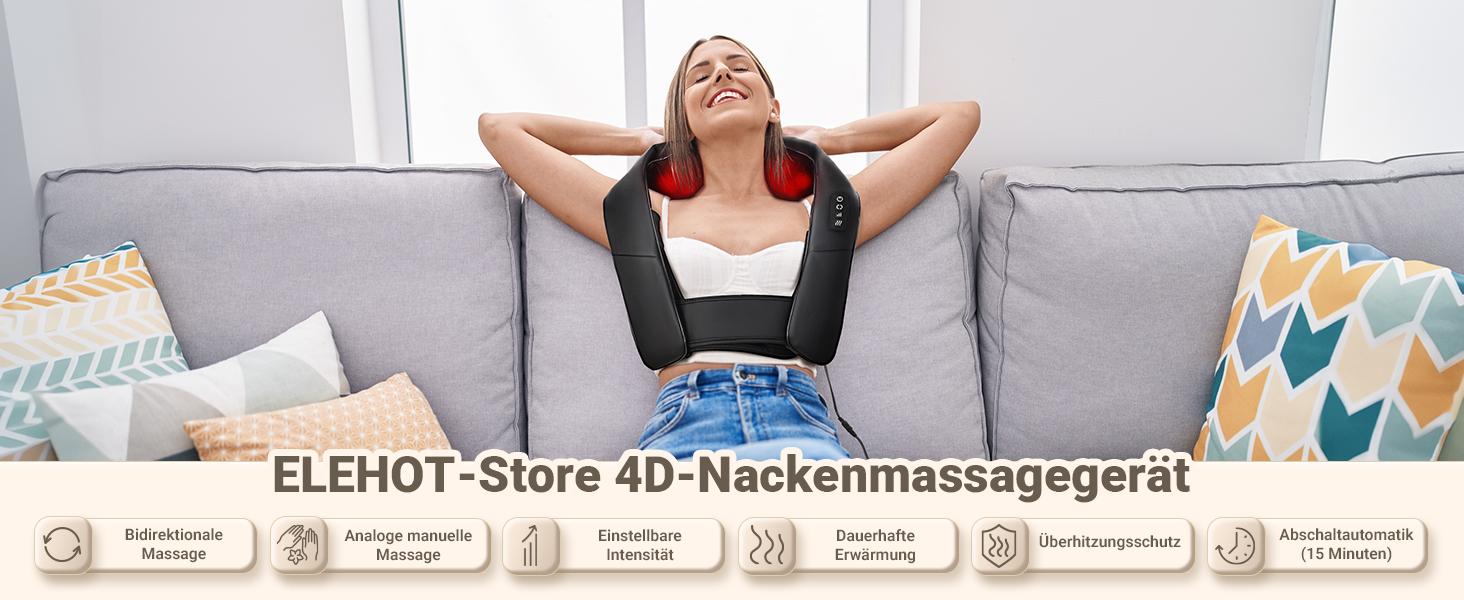 Масажер для шиї та спини ELEHOT з підігрівом, Shiatsu масаж шиї, плечей, спини, попереку, ніг та м'язів. Регульована швидкість, для дому, офісу, авто (Чорний, штучна шкіра з реміннем)