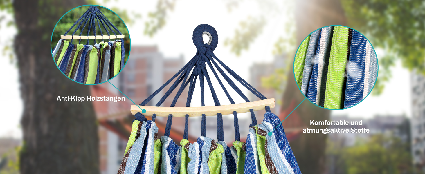 Гамак для відпочинку на природі: Outdoor, для кемпінгу, з дерев'яною перекладиною, ременями кріплення та сумкою. Підходить для дому, балкону, тераси, саду, подорожей з рюкзаком (світло-зелений)