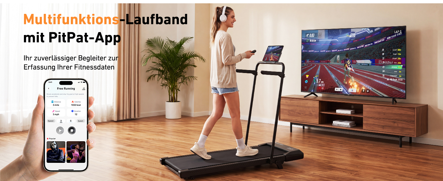 Бігова доріжка DeerRun Walking Pad з нахилом та поручнем для дому, 2.5 к.с., до 6 км/год, макс. навантаження 136 кг, LED-дисплей, керування через додаток, чорна