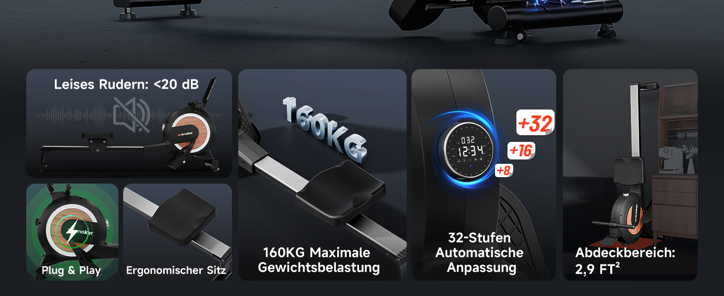 Гребний тренажер Wenoker з магнітним опором, для дому, 32 рівні навантаження, LCD-монітор, 160 кг, з мобільною APP