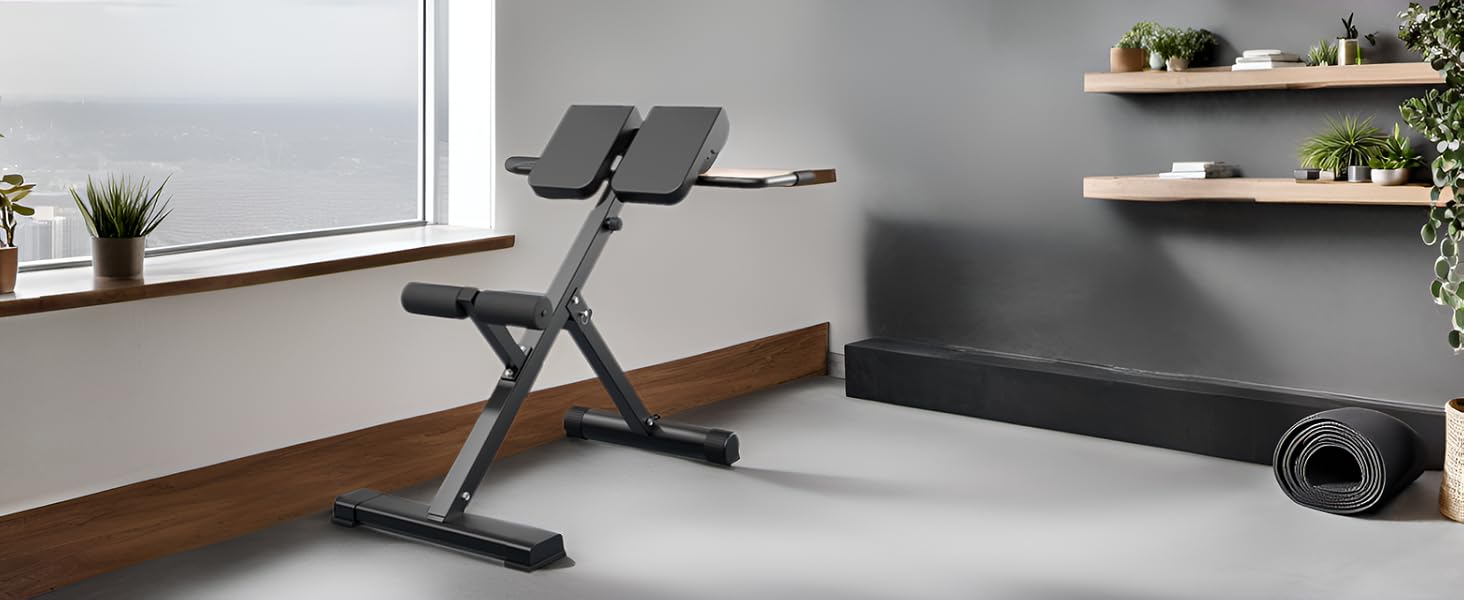 Тренажер для спини з гіперекстензією 45 градусів, регульована висота та спинка, міцний та зручний – для тренування сідниць, стегон та пресу, складана лава, чорний