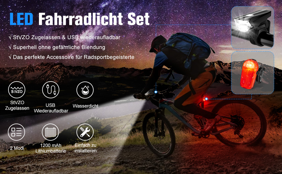 LED-велофара з заднім ліхтарем, комплект, водонепроникний, USB-зарядка, схвалено STVZO, 35LUX/17LUX