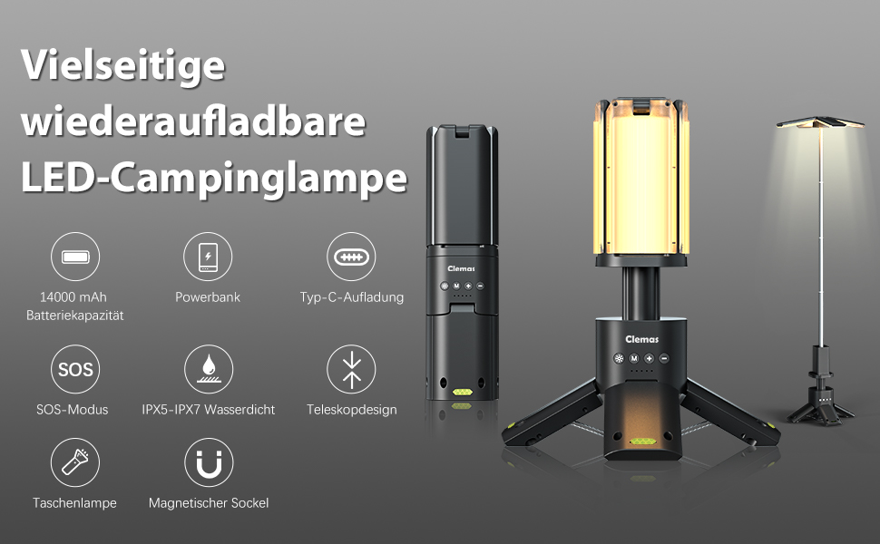 Кемпінговий ліхтар Clemas: перезарядна LED лампа 14000 mAh з магнітом, 6000LM, IPX5, для кемпінгу та будівництва