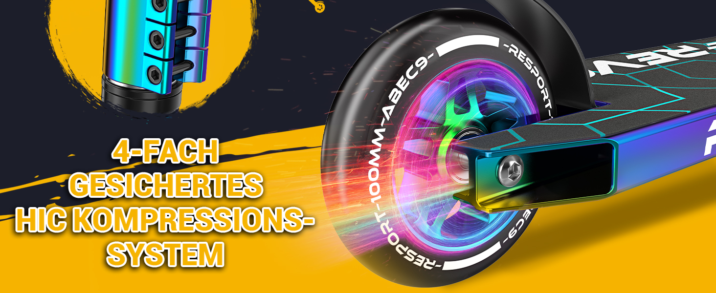 Трюковий самокат RE:SPORT® REVO Rainbow для дітей та дорослих зі стійкою | Професійний самокат з колесами 100мм PU та Y-рулем | Самокат трюковий, кікскутер ABEC 9