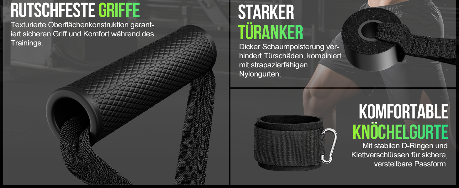 Набір еластичних стрічок для фітнесу Fokky Fitnessbänder Resistance Bands Set, 5 стрічок різної міцності, з анкерами для дверей, ручками та кігтями, для пілатесу, силових тренувань, чорний, червоний, синій, зелений, жовтий