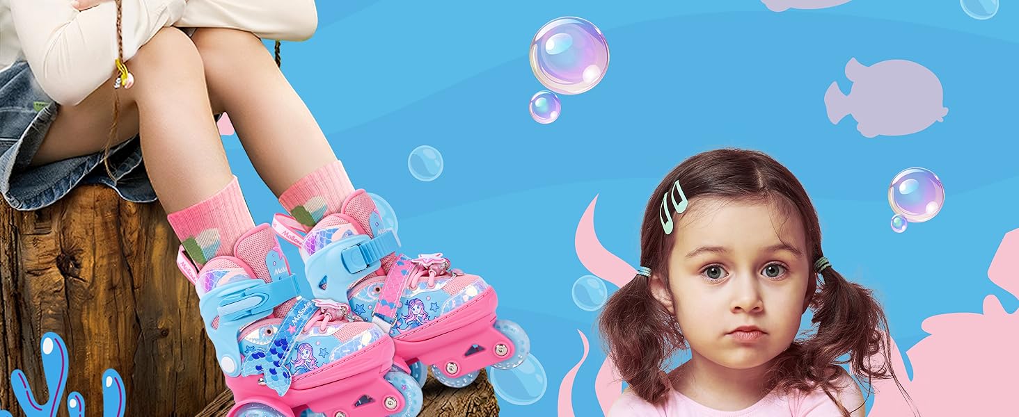 Дитячі ролики Meerjungfrau для дівчаток, 4 розміри, регульовані, з підсвічуванням, 3 колеса, рожеві