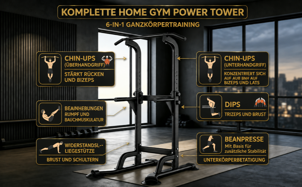 Силовий комплекс Power Tower: станція для підтягувань та віджимань (дипсів), регульована висота 165–210 см, максимальне навантаження 160 кг