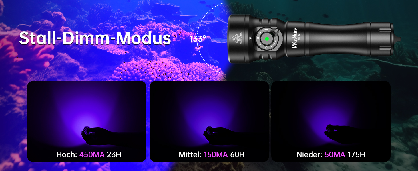 Ліхтар підводний Wurkkos DL08 – 3600 люмен, IPX8, з червоним та UV світлом, регулювання потужності, режими Spot/Flood, Type-C, CRI 90