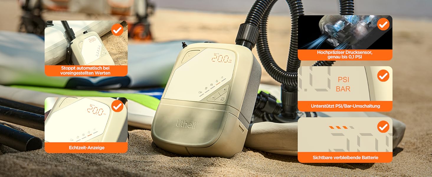 Електричний насос для SUP Litheli з акумулятором 12500mAh, 20PSI, автоматичне надування/здування, для надувних дощок