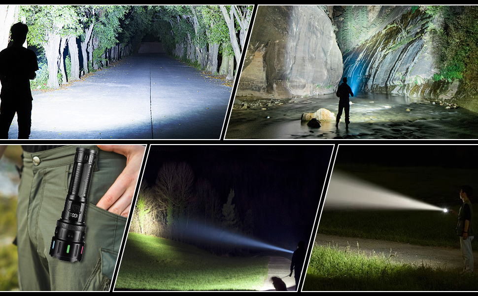 Ліхтар тактичний LED Azyvum, 1000000 люмен, Zoom, 5 режимів, водонепроникний IP67, для кемпінгу, риболовлі, туризму, надзвичайних ситуацій (чорний)